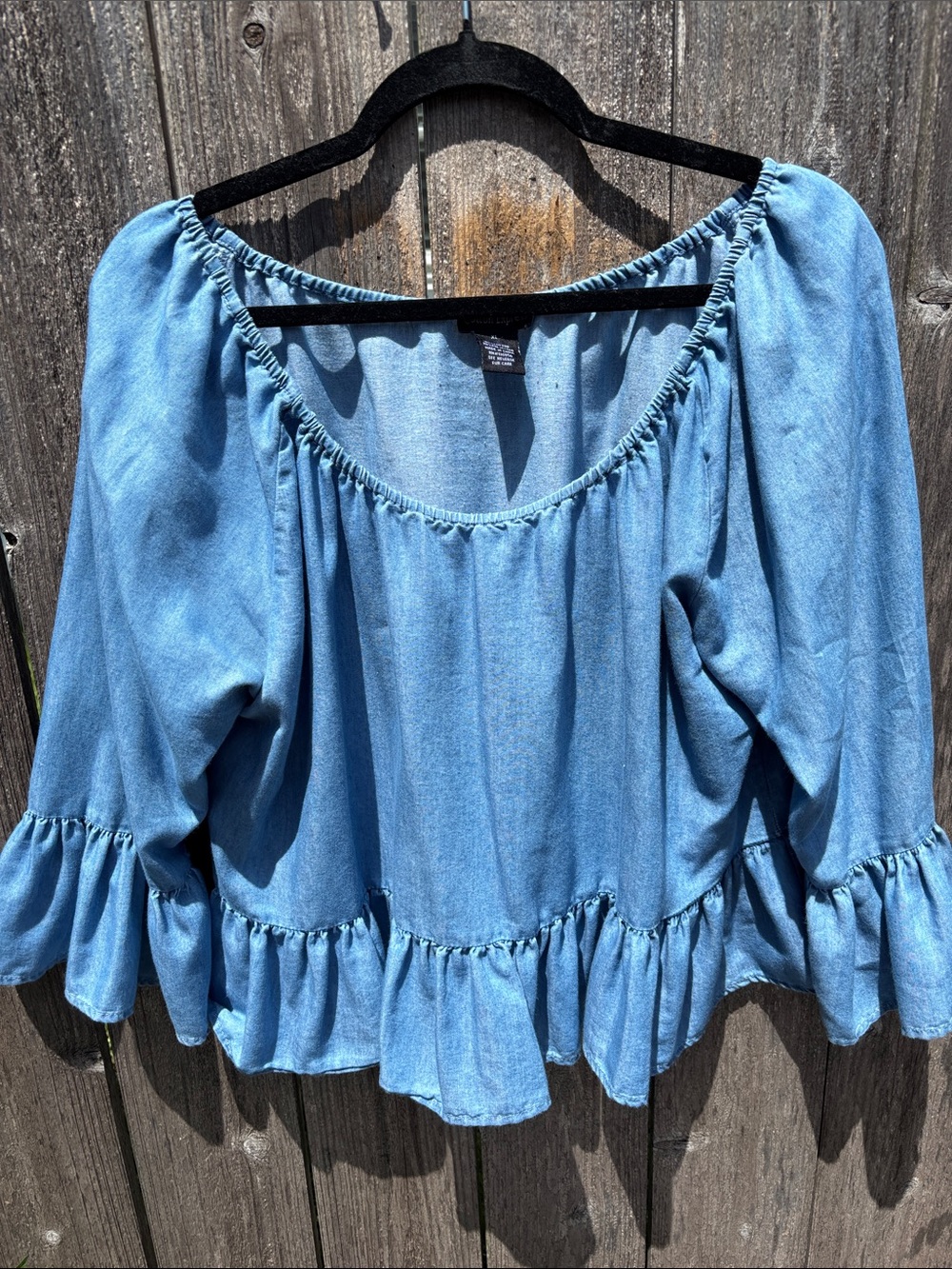 Cotton Express Light Blue Peasant Top with Ruffle Hem